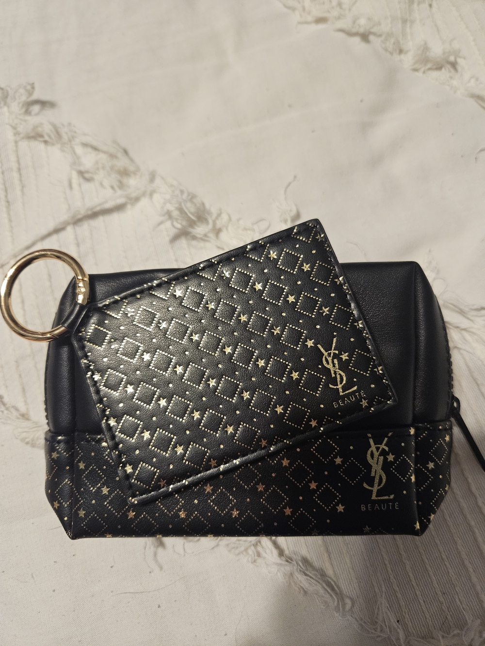 NWOT- Yves Saint Laurent Black & Gold Cosmetic Pouch and Mirror Holder Set